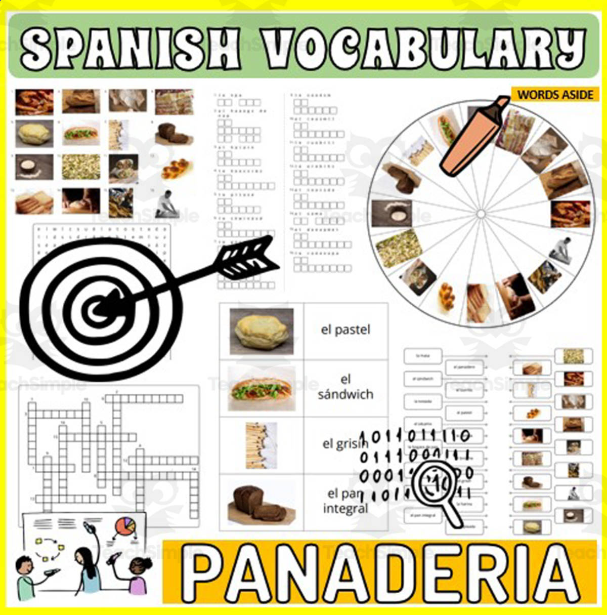 An educational teaching resource from WORDS ASIDE entitled Spanish Vocabulary Flash Cards Crossword Wordsearch Anagram BAKERY downloadable at Teach Simple.