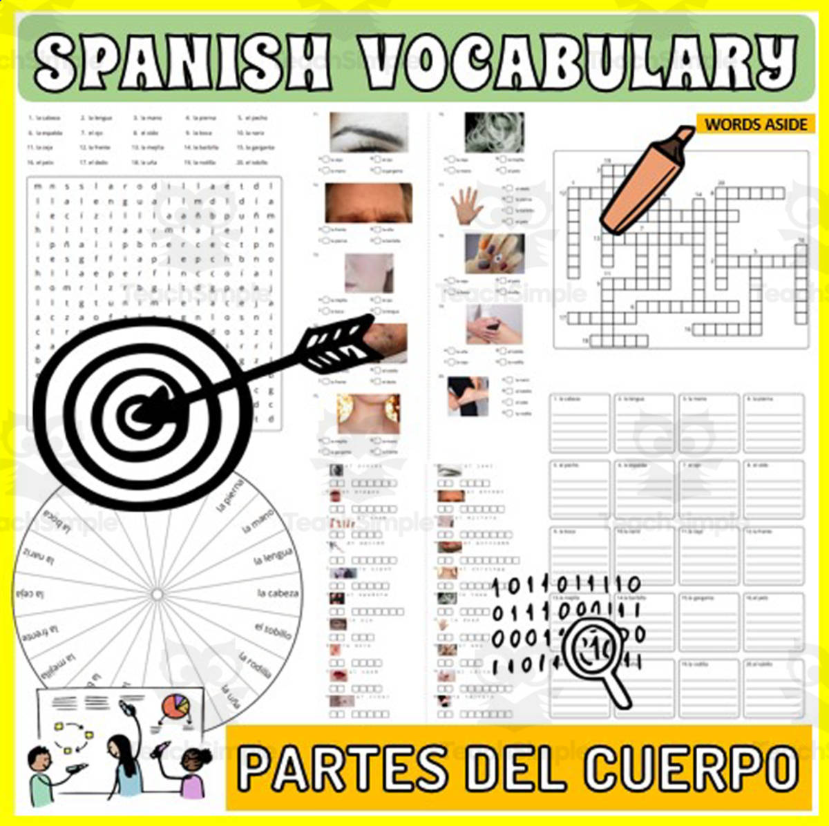 An educational teaching resource from WORDS ASIDE entitled Spanish Vocabulary Flash Cards Crossword Wordsearch Anagram BODY PARTS downloadable at Teach Simple.