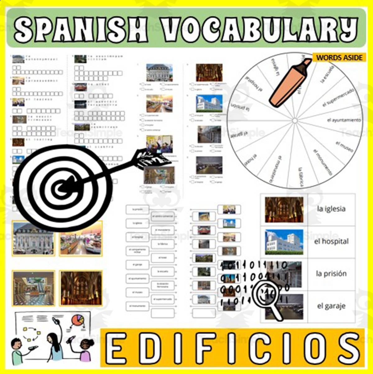 An educational teaching resource from WORDS ASIDE entitled Spanish Vocabulary Flash Cards Crossword Wordsearch Anagram BUILDINGS downloadable at Teach Simple.