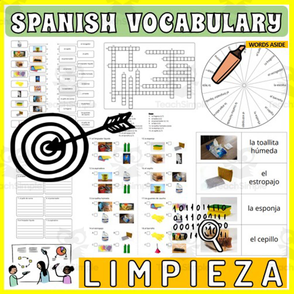 An educational teaching resource from WORDS ASIDE entitled Spanish Vocabulary Flash Cards Crossword Wordsearch Anagram CLEANING downloadable at Teach Simple.
