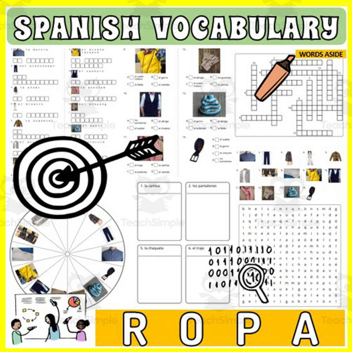 An educational teaching resource from WORDS ASIDE entitled Spanish Vocabulary Flash Cards Crossword Wordsearch Anagram CLOTHES downloadable at Teach Simple.