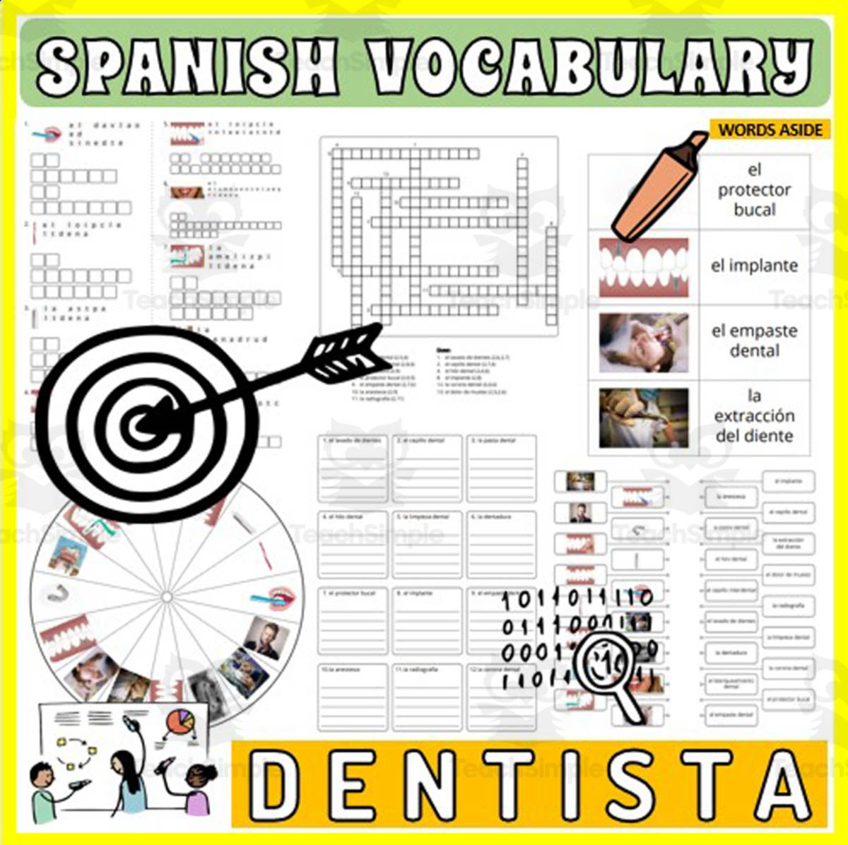 An educational teaching resource from WORDS ASIDE entitled Spanish Vocabulary Flash Cards Crossword Wordsearch Anagram DENTIST downloadable at Teach Simple.