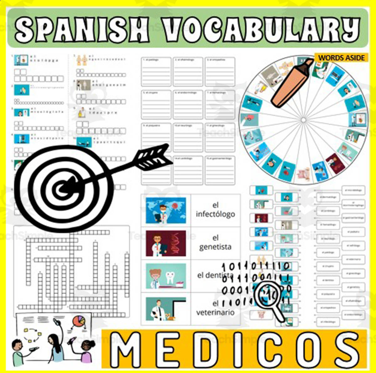 An educational teaching resource from WORDS ASIDE entitled Spanish Vocabulary Flash Cards Crossword Wordsearch Anagram DOCTORS downloadable at Teach Simple.