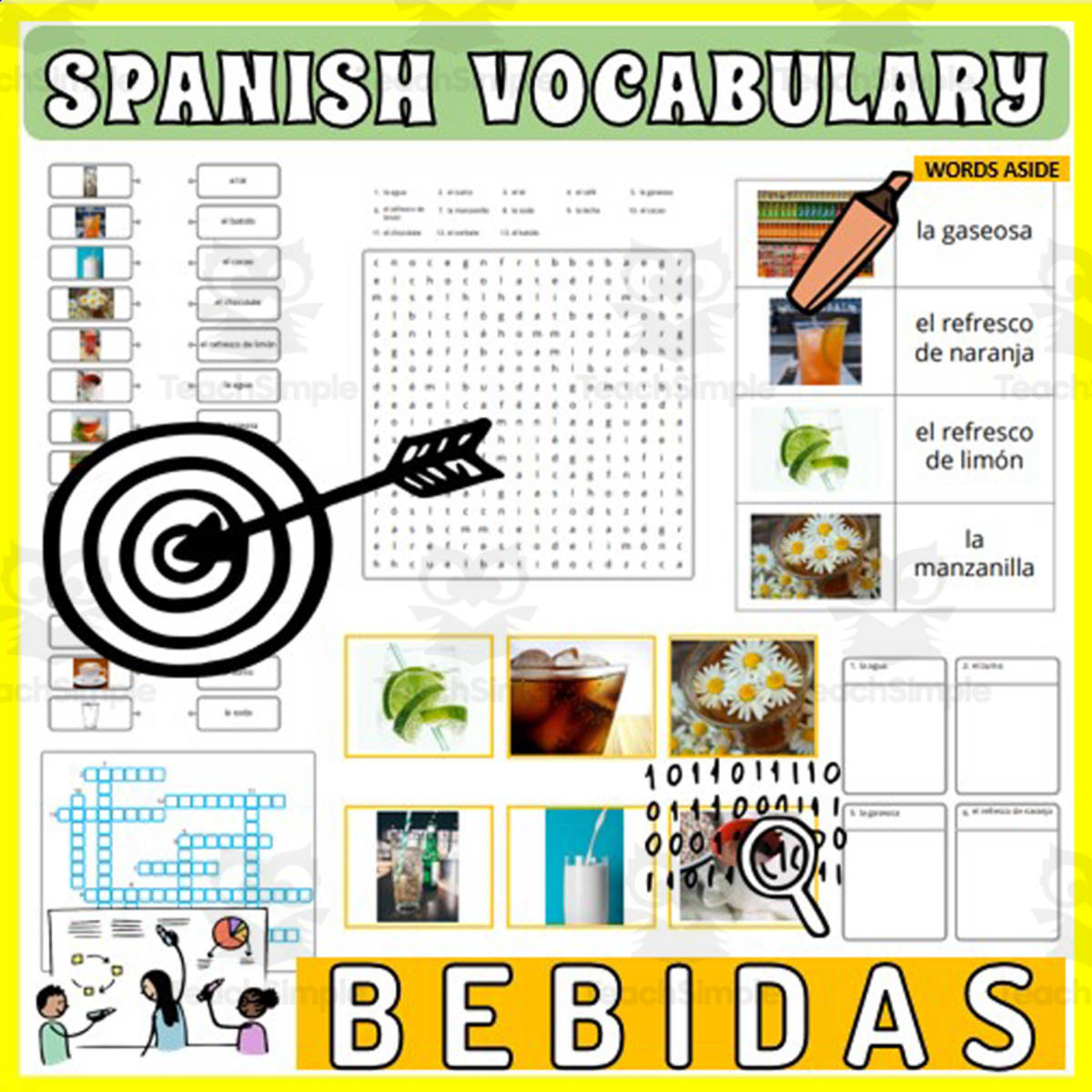 An educational teaching resource from WORDS ASIDE entitled Spanish Vocabulary Flash Cards Crossword Wordsearch Anagram DRINKS downloadable at Teach Simple.