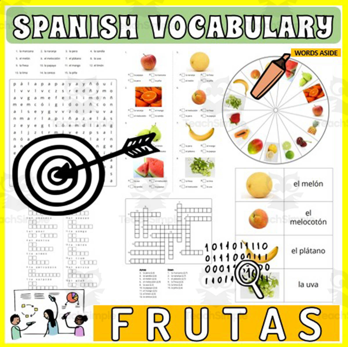 An educational teaching resource from WORDS ASIDE entitled Spanish Vocabulary Flash Cards Crossword Wordsearch Anagram FRUITS downloadable at Teach Simple.