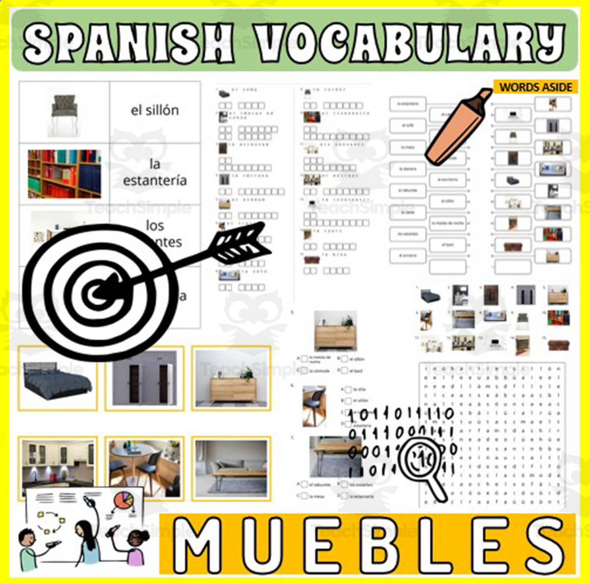 An educational teaching resource from WORDS ASIDE entitled Spanish Vocabulary Flash Cards Crossword Wordsearch Anagram FURNITURE downloadable at Teach Simple.