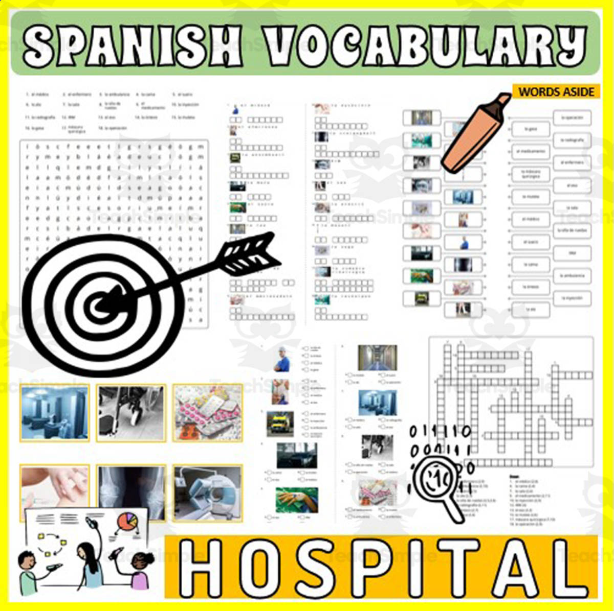 An educational teaching resource from WORDS ASIDE entitled Spanish Vocabulary Flash Cards Crossword Wordsearch Anagram HOSPITAL downloadable at Teach Simple.