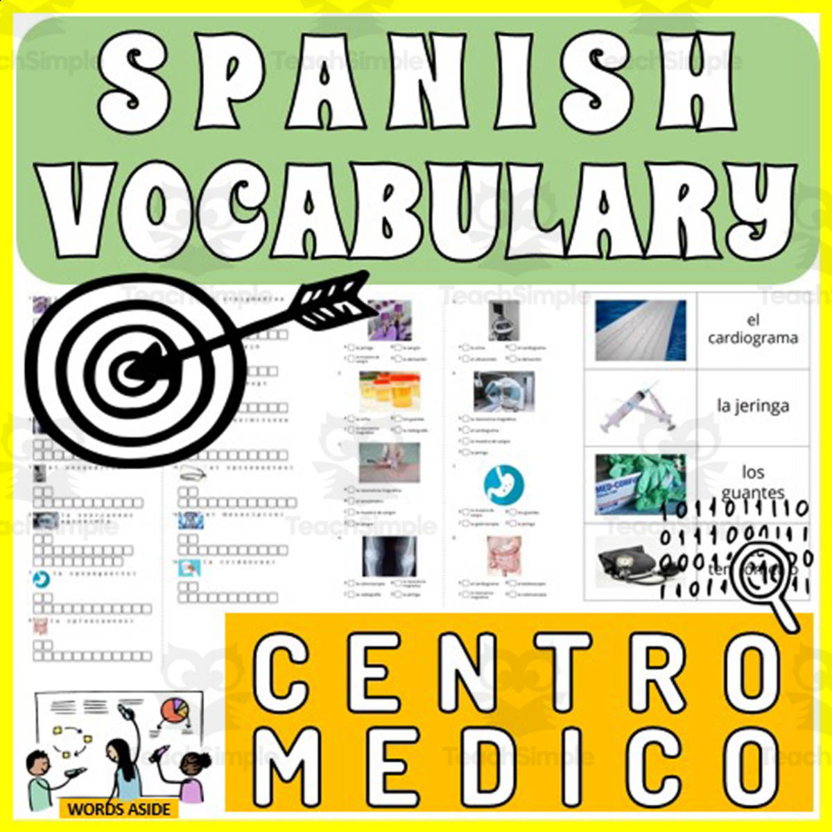 An educational teaching resource from WORDS ASIDE entitled Spanish Vocabulary Flash Crossword Wordsearch Anagram MEDICAL CENTER downloadable at Teach Simple.