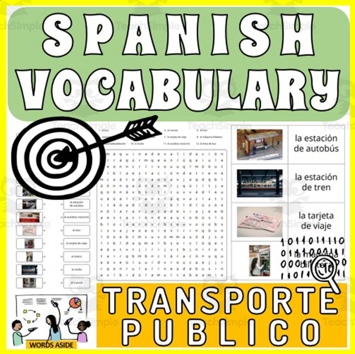 An educational teaching resource from WORDS ASIDE entitled Spanish Vocabulary Flash Crossword Wordsearch Anagram PUBLIC TRANSPORT downloadable at Teach Simple.
