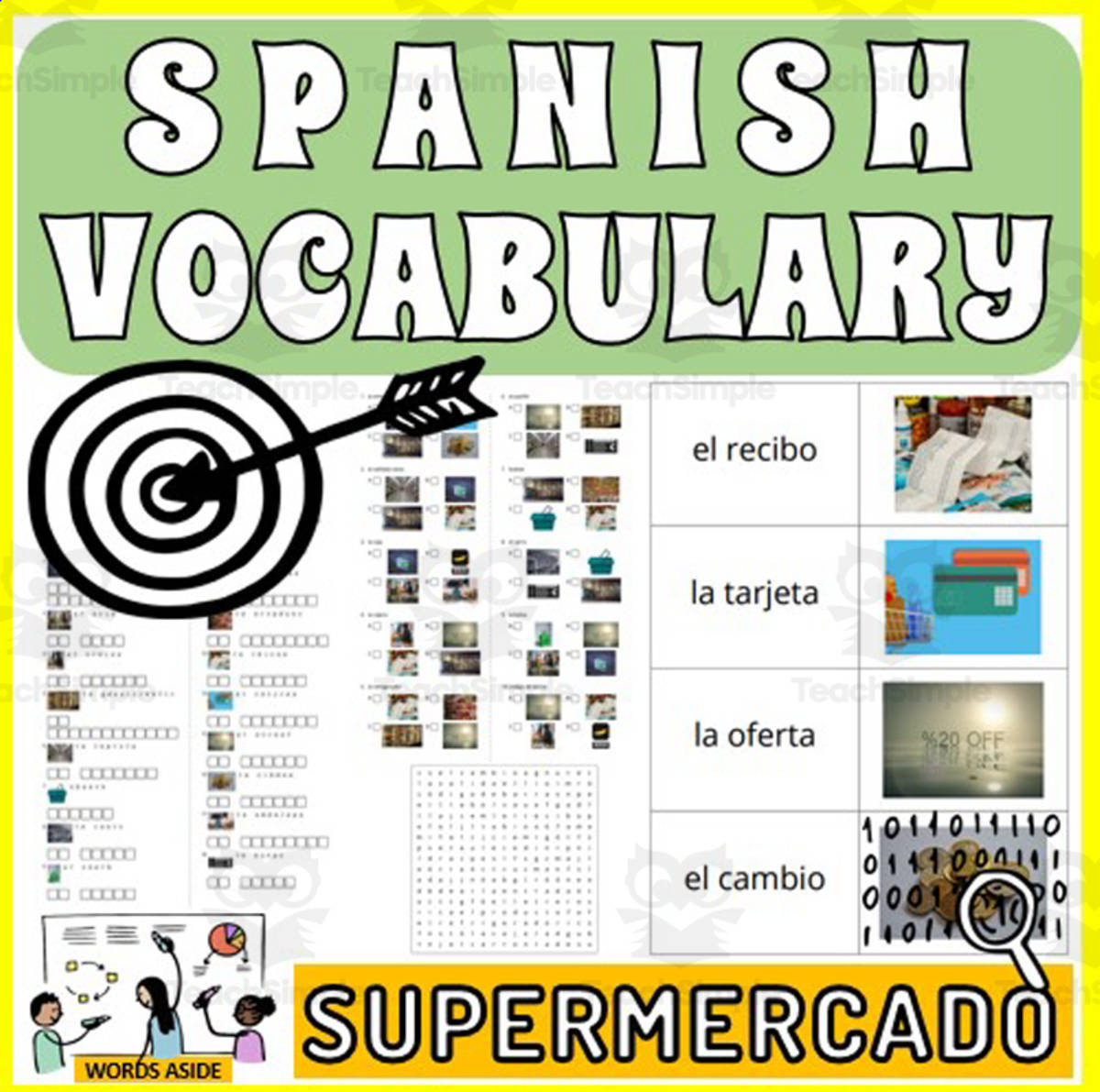 An educational teaching resource from WORDS ASIDE entitled Spanish Vocabulary Flash Crossword Wordsearch Anagram SUPERMARKET downloadable at Teach Simple.