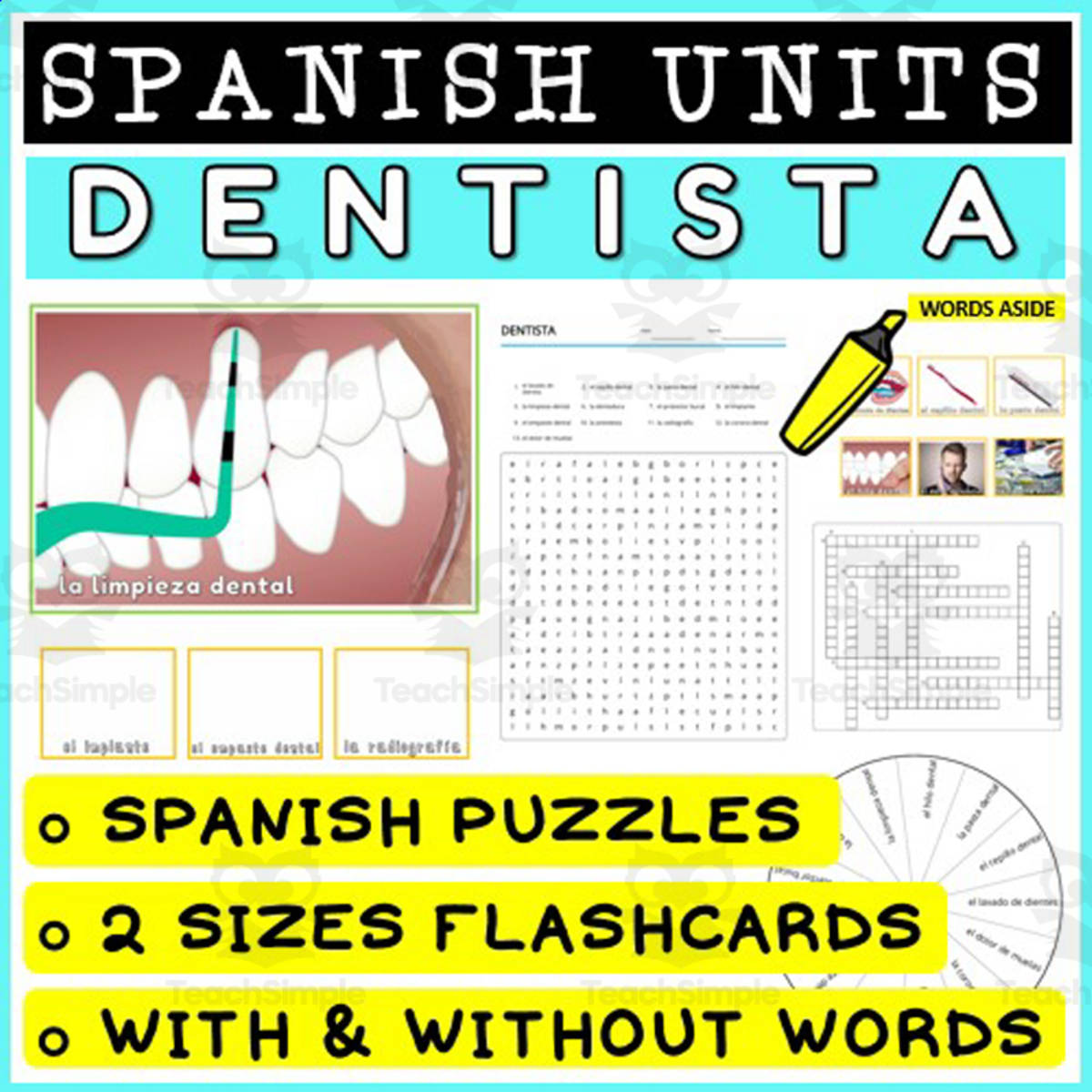 An educational teaching resource from WORDS ASIDE entitled SPANISH Vocabulary Flashcards Puzzles Games 10 downloadable at Teach Simple.