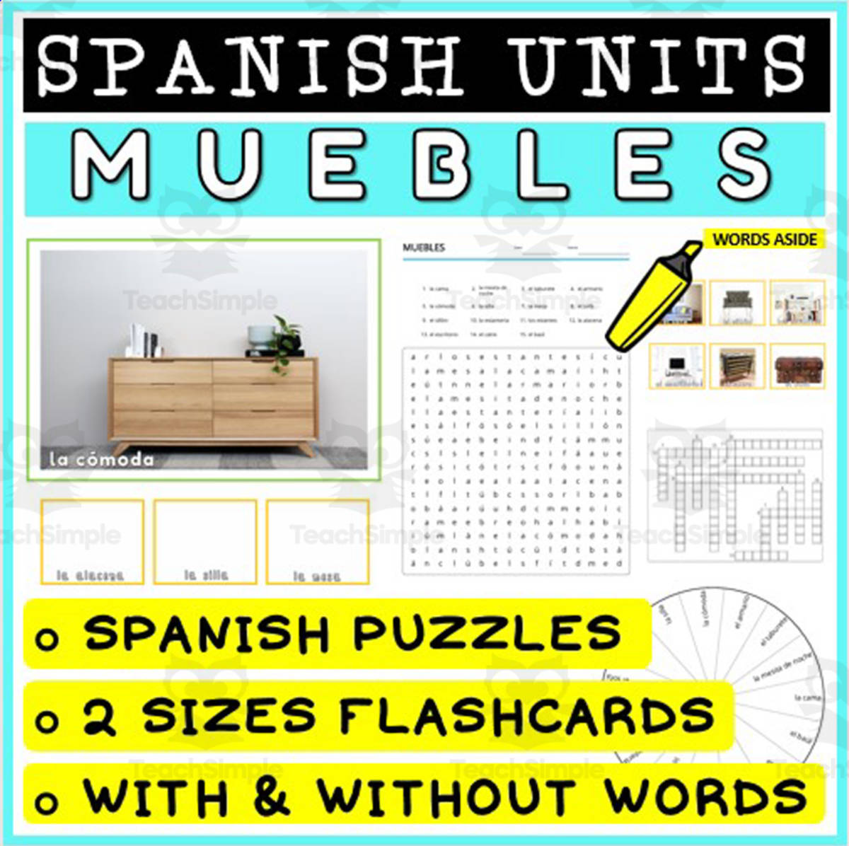An educational teaching resource from WORDS ASIDE entitled SPANISH Vocabulary Flashcards Puzzles Games 16 downloadable at Teach Simple.
