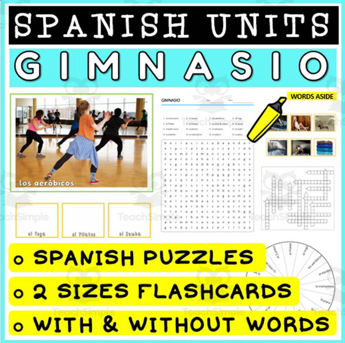 An educational teaching resource from WORDS ASIDE entitled SPANISH Vocabulary Flashcards Puzzles Games 18 downloadable at Teach Simple.