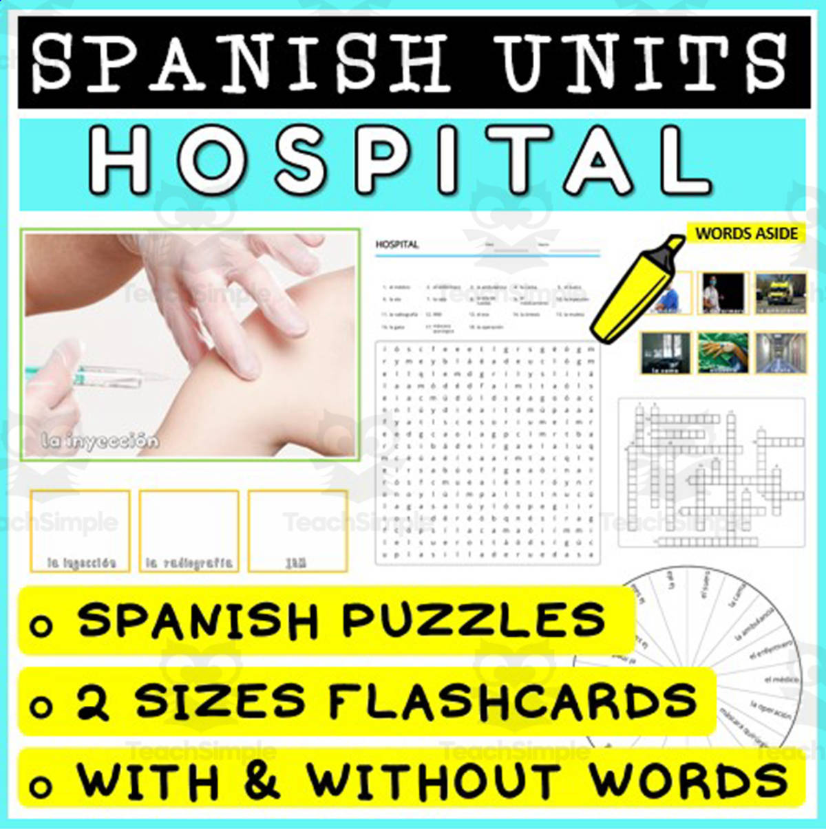 An educational teaching resource from WORDS ASIDE entitled SPANISH Vocabulary Flashcards Puzzles Games 20 downloadable at Teach Simple.