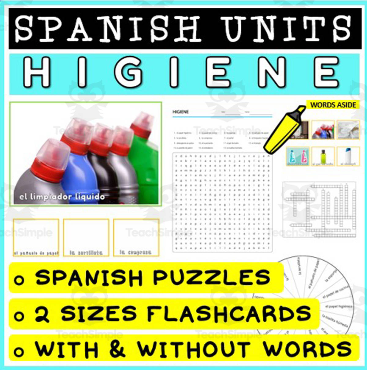 An educational teaching resource from WORDS ASIDE entitled SPANISH Vocabulary Flashcards Puzzles Games 22 downloadable at Teach Simple.