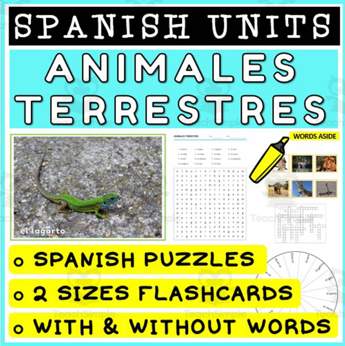 An educational teaching resource from WORDS ASIDE entitled SPANISH Vocabulary Flashcards Puzzles Games 24 downloadable at Teach Simple.