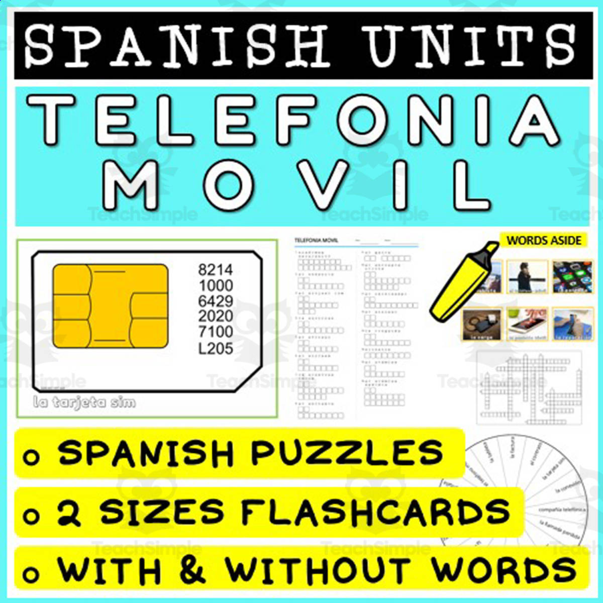 An educational teaching resource from WORDS ASIDE entitled SPANISH Vocabulary Flashcards Puzzles Games 26 downloadable at Teach Simple.