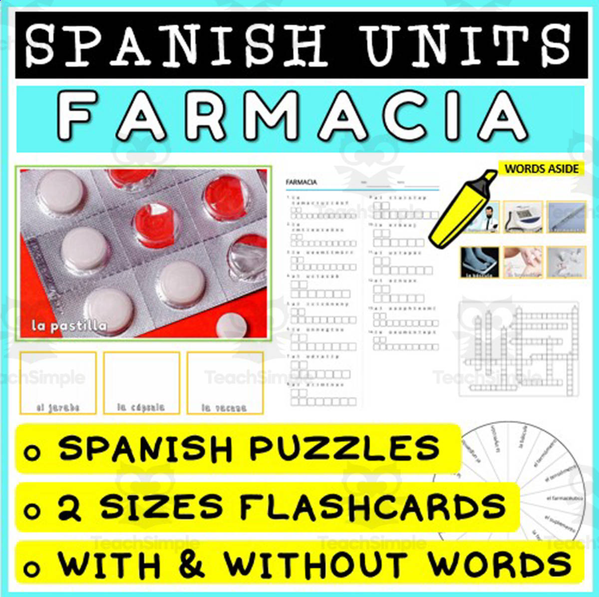 An educational teaching resource from WORDS ASIDE entitled SPANISH Vocabulary Flashcards Puzzles Games 29 downloadable at Teach Simple.