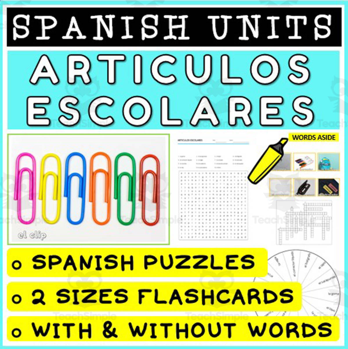 An educational teaching resource from WORDS ASIDE entitled SPANISH Vocabulary Flashcards Puzzles Games 32 downloadable at Teach Simple.