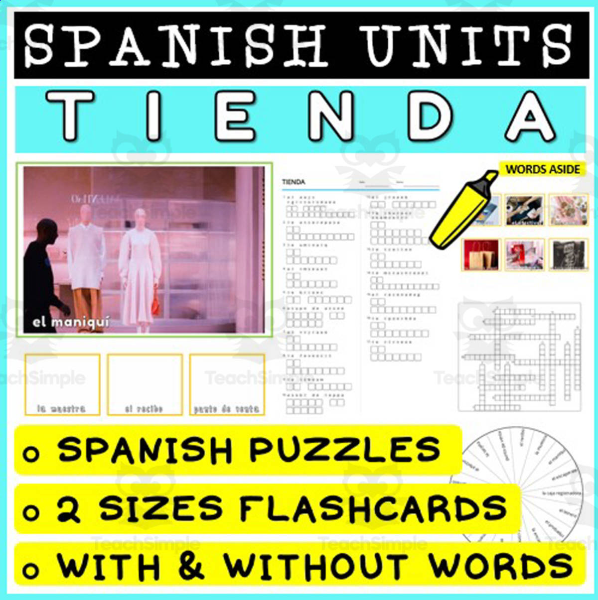 An educational teaching resource from WORDS ASIDE entitled SPANISH Vocabulary Flashcards Puzzles Games 33 downloadable at Teach Simple.