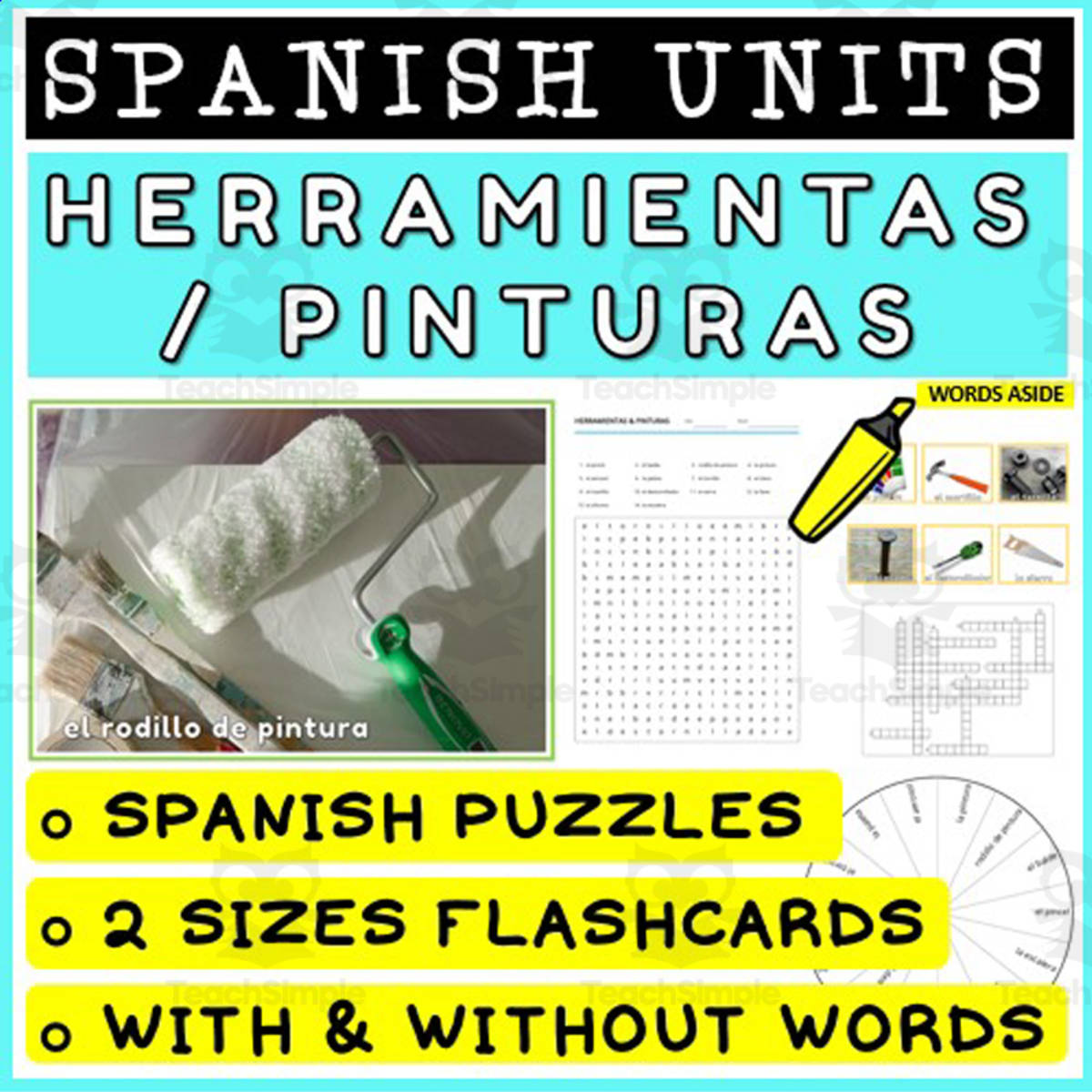 An educational teaching resource from WORDS ASIDE entitled SPANISH Vocabulary Flashcards Puzzles Games 35 downloadable at Teach Simple.