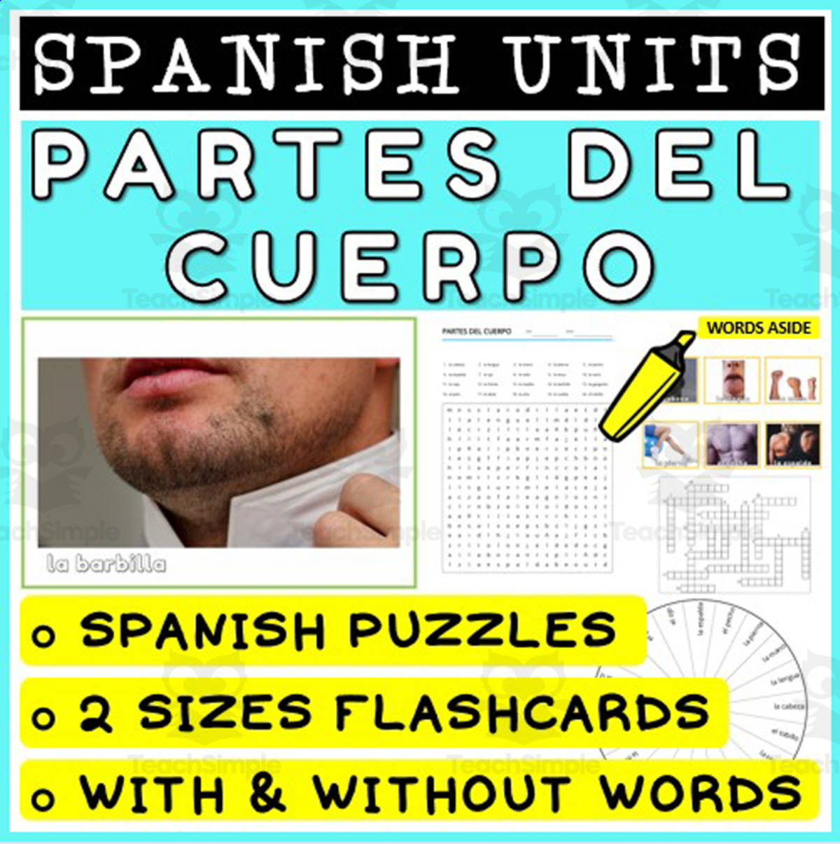 An educational teaching resource from WORDS ASIDE entitled SPANISH Vocabulary Flashcards Puzzles Games 4 downloadable at Teach Simple.