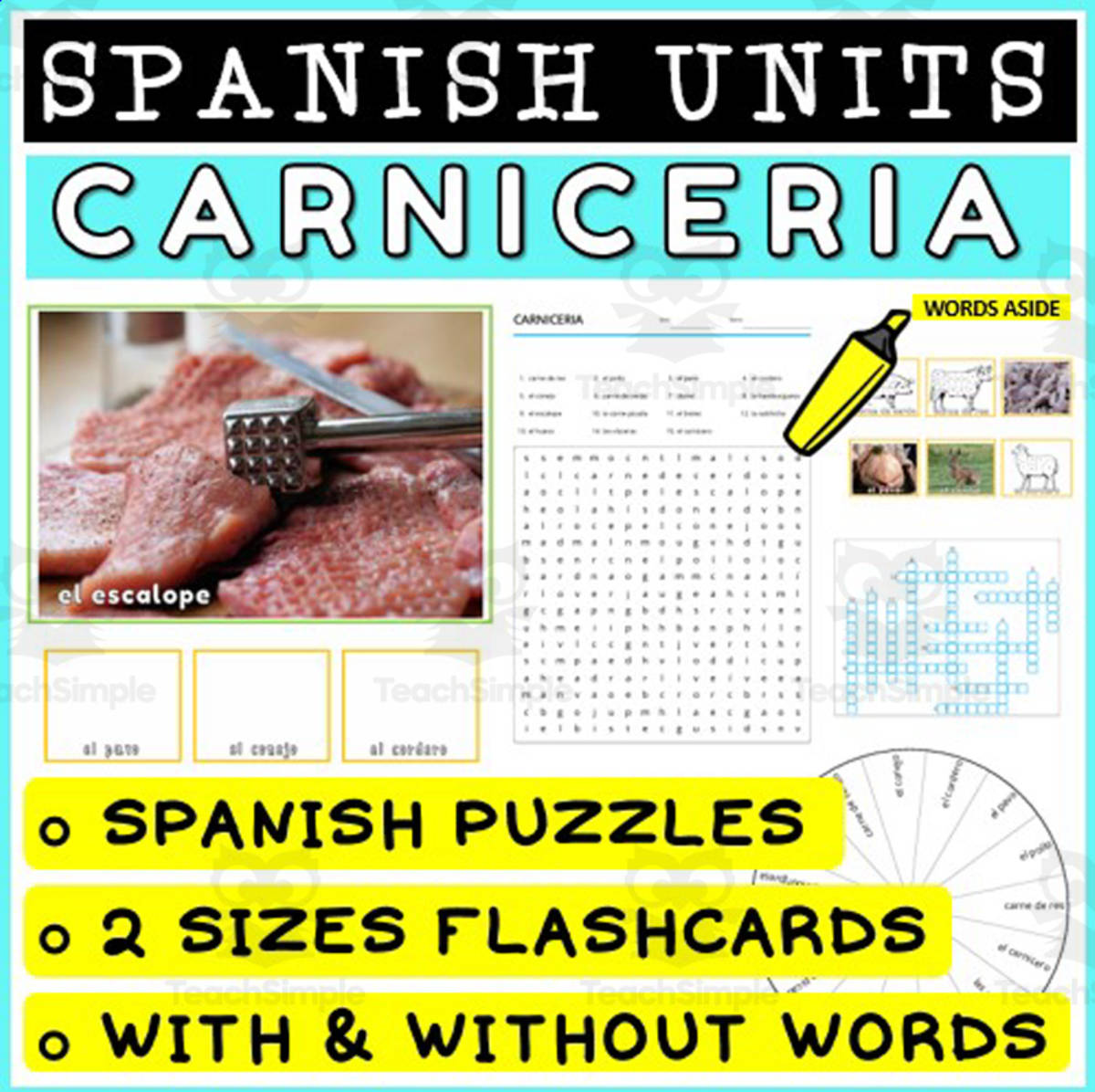 An educational teaching resource from WORDS ASIDE entitled SPANISH Vocabulary Flashcards Puzzles Games 5 downloadable at Teach Simple.
