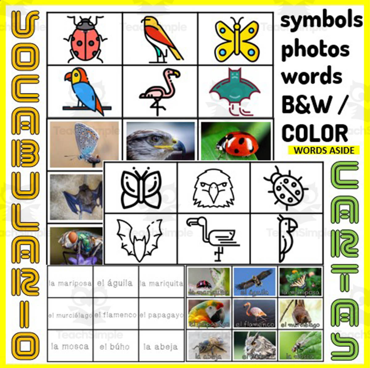 An educational teaching resource from WORDS ASIDE entitled Spanish Vocabulary Match to Sample Memory Boards AIR ANIMALS downloadable at Teach Simple.