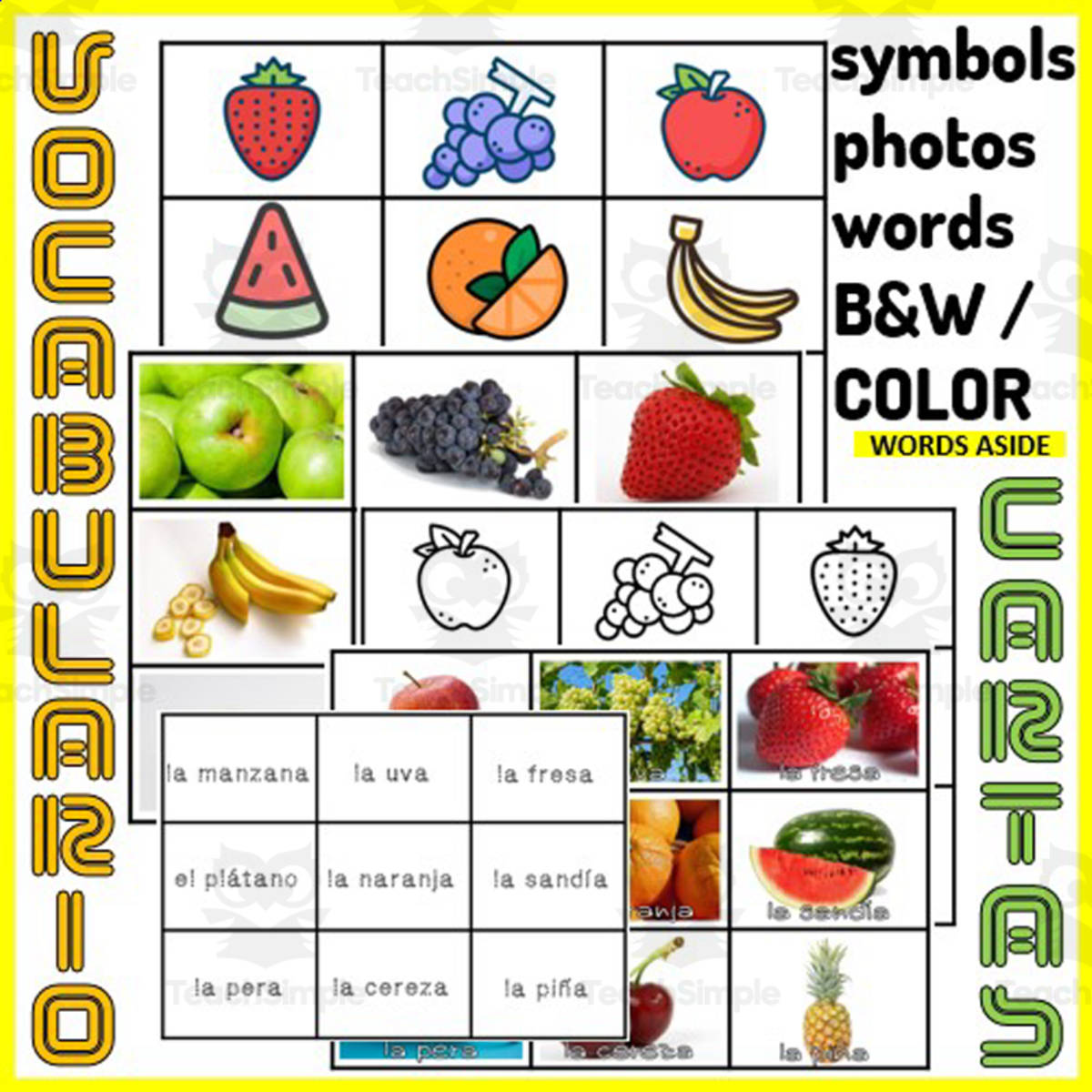 An educational teaching resource from WORDS ASIDE entitled Spanish Vocabulary Match to Sample Memory Boards FRUITS downloadable at Teach Simple.