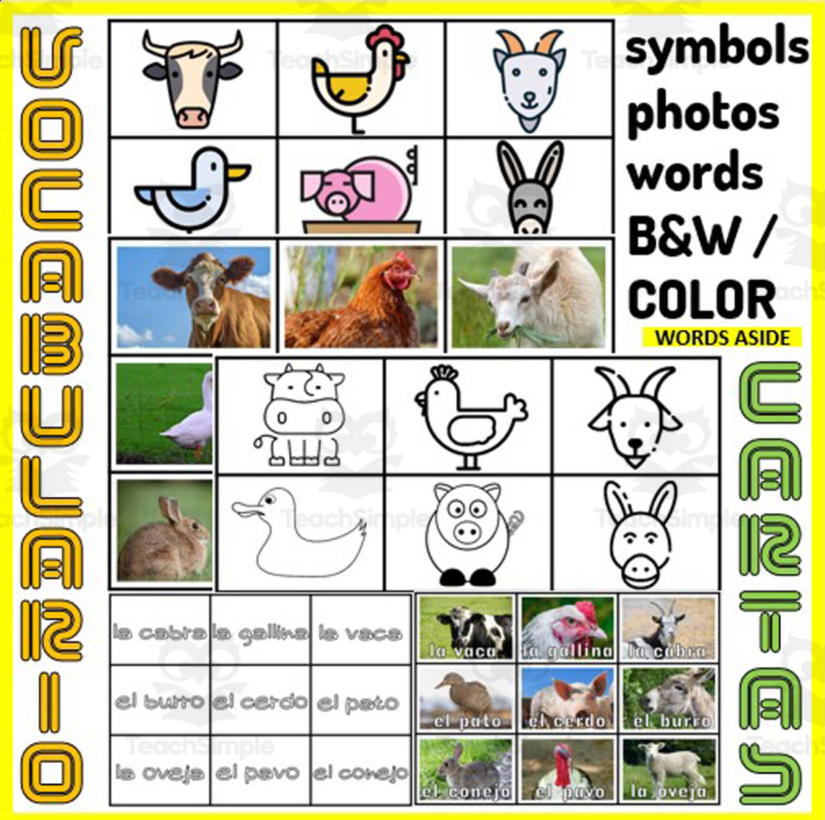 An educational teaching resource from WORDS ASIDE entitled Spanish Vocabulary Match to Sample Memory Boards downloadable at Teach Simple.