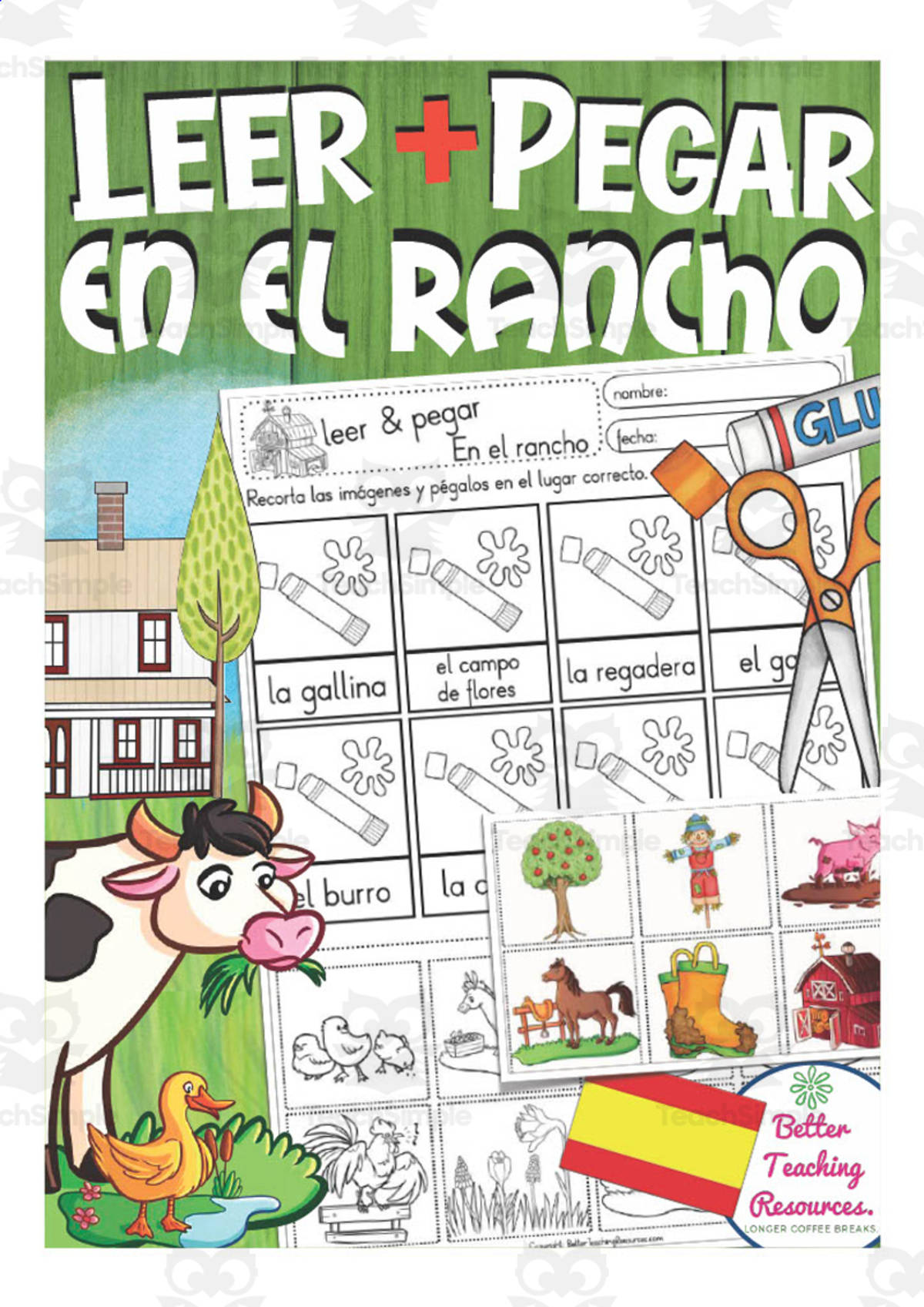 An educational teaching resource from Better Teaching Resources entitled Spanish: Vocabulary Practice Sheet | In The Ranch Cut and Paste downloadable at Teach Simple.