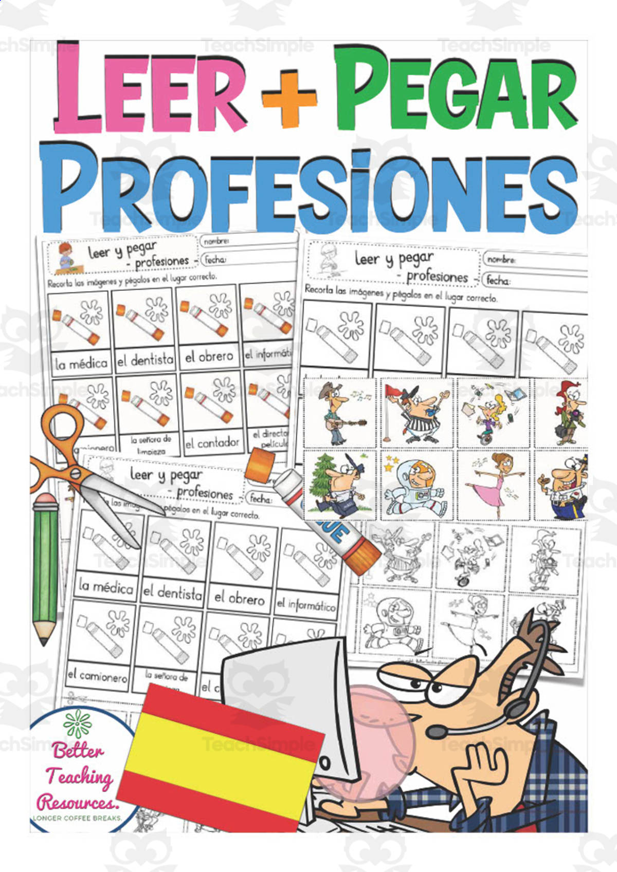 An educational teaching resource from Better Teaching Resources entitled Spanish: Vocabulary Practice Sheet | Professions Cut and Paste downloadable at Teach Simple.