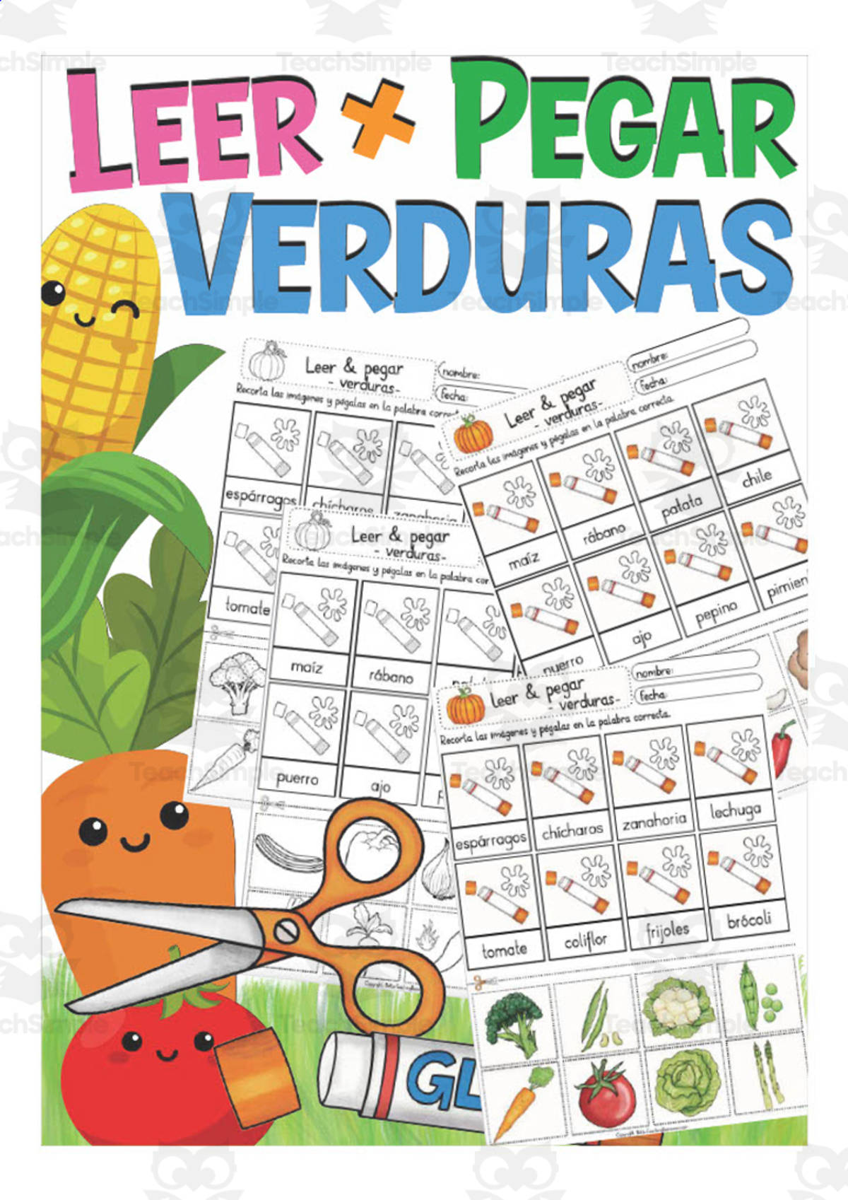 An educational teaching resource from Better Teaching Resources entitled Spanish: Vocabulary Practice Sheet | Vegetables Cut and Paste downloadable at Teach Simple.