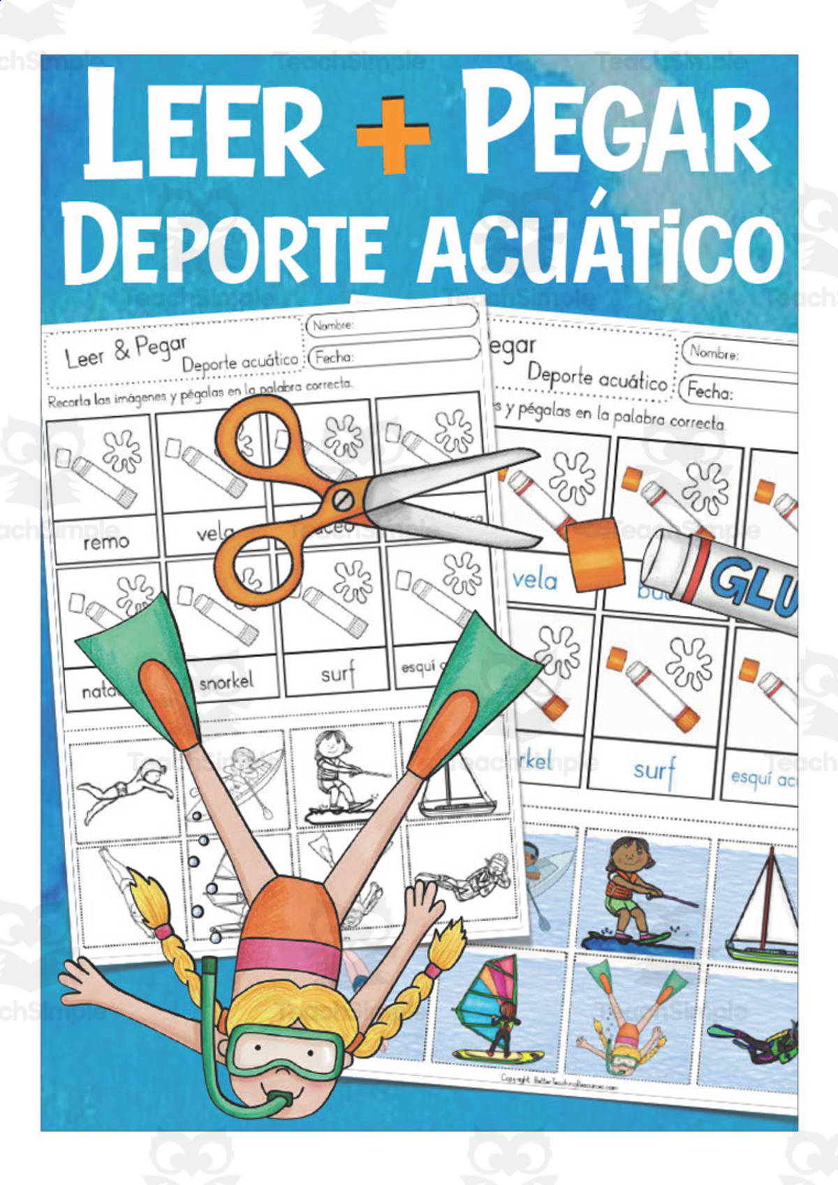 An educational teaching resource from Better Teaching Resources entitled Spanish: Vocabulary Practice Sheet | Water Sports Cut and Paste downloadable at Teach Simple.