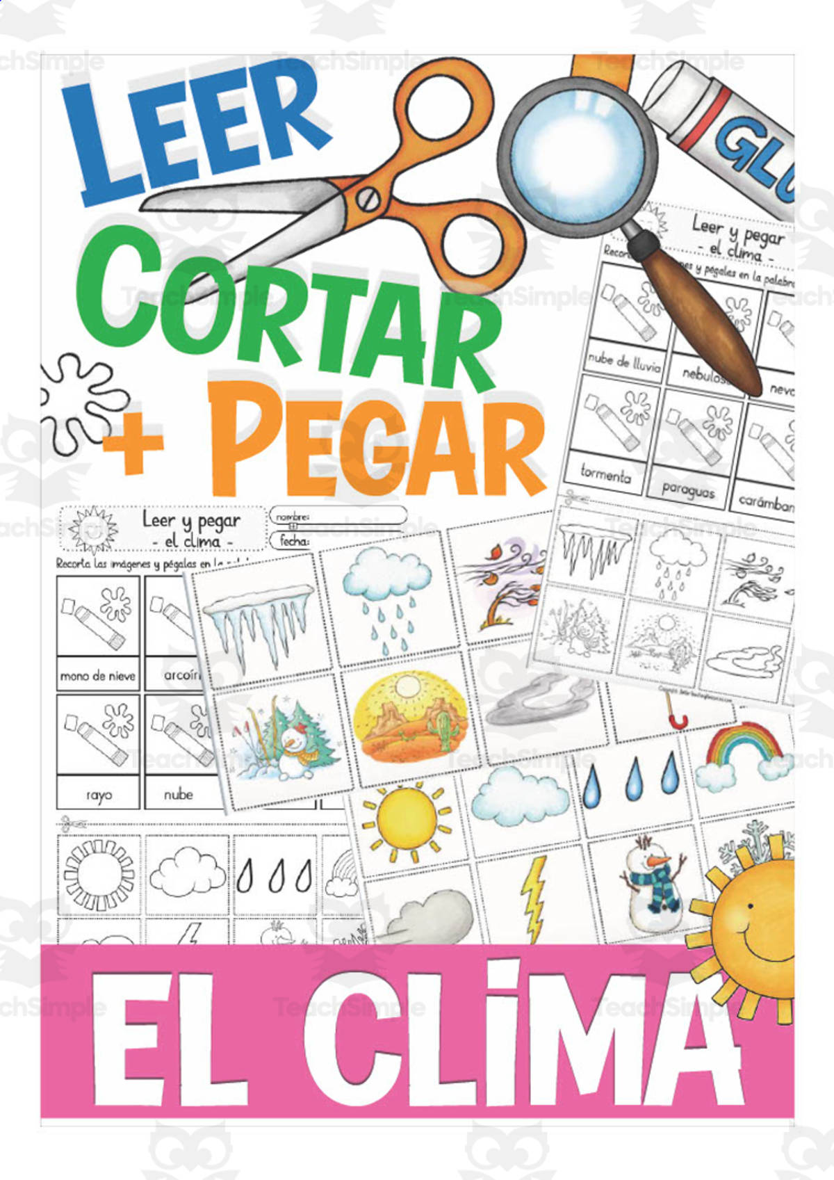 An educational teaching resource from Better Teaching Resources entitled Spanish: Vocabulary Practice Sheet | Weather Cut and Paste downloadable at Teach Simple.