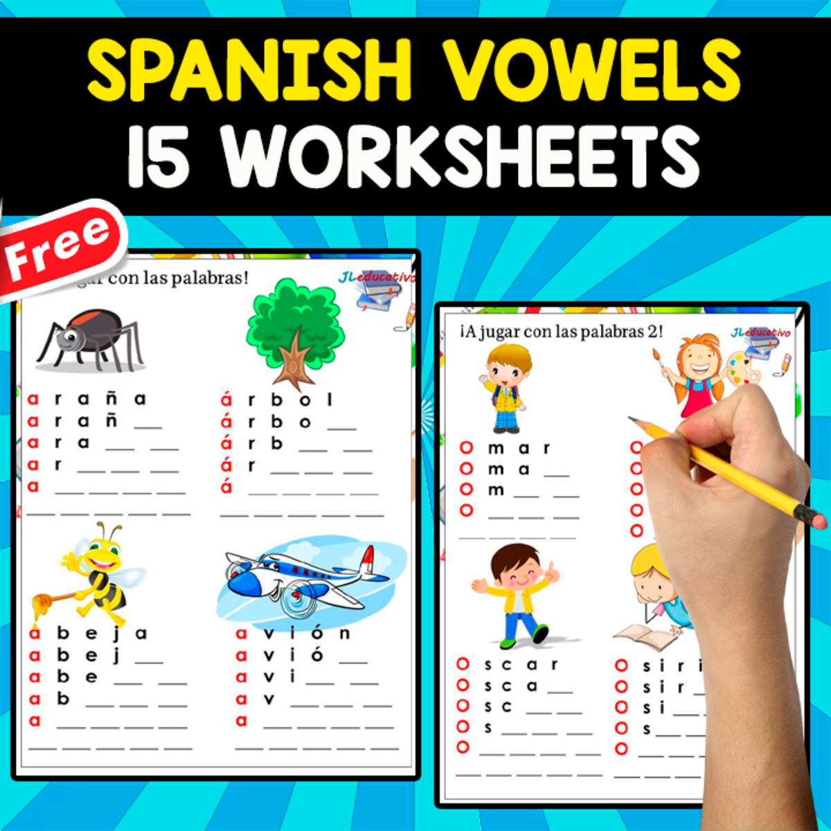 An educational teaching resource from EDITORIAL LAURA EDUCA entitled SPANISH VOWELS | 15 FREE WORKSHEETS IN SPANISH downloadable at Teach Simple.
