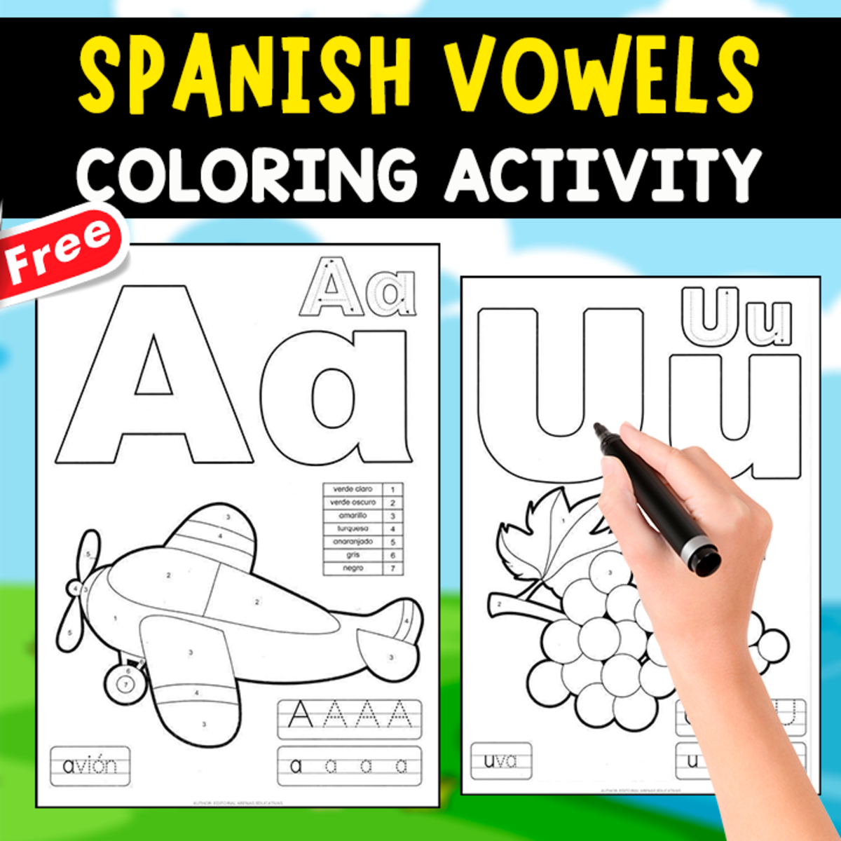 An educational teaching resource from EDITORIAL LAURA EDUCA entitled SPANISH VOWELS | 5 FREE POSTERS FOR COLORING downloadable at Teach Simple.