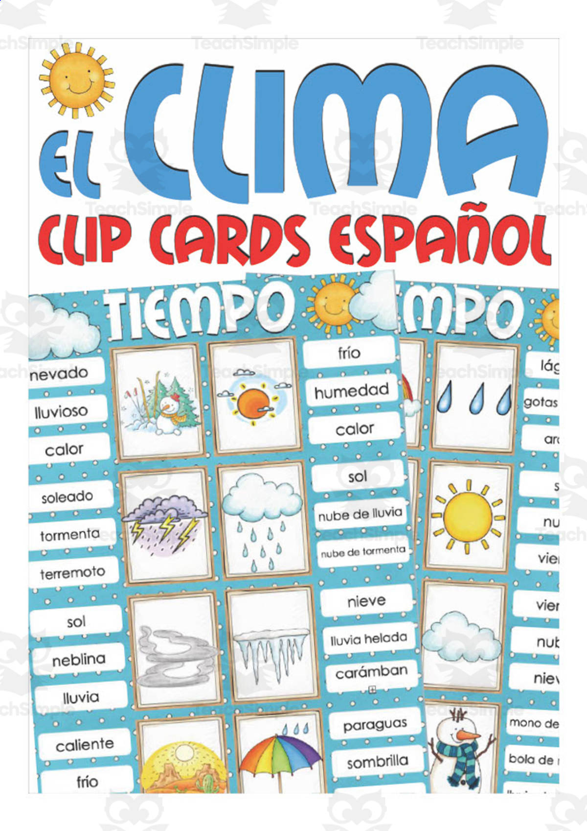 An educational teaching resource from Better Teaching Resources entitled Spanish: Weather Clip Cards | Vocabulary Practice Activity downloadable at Teach Simple.