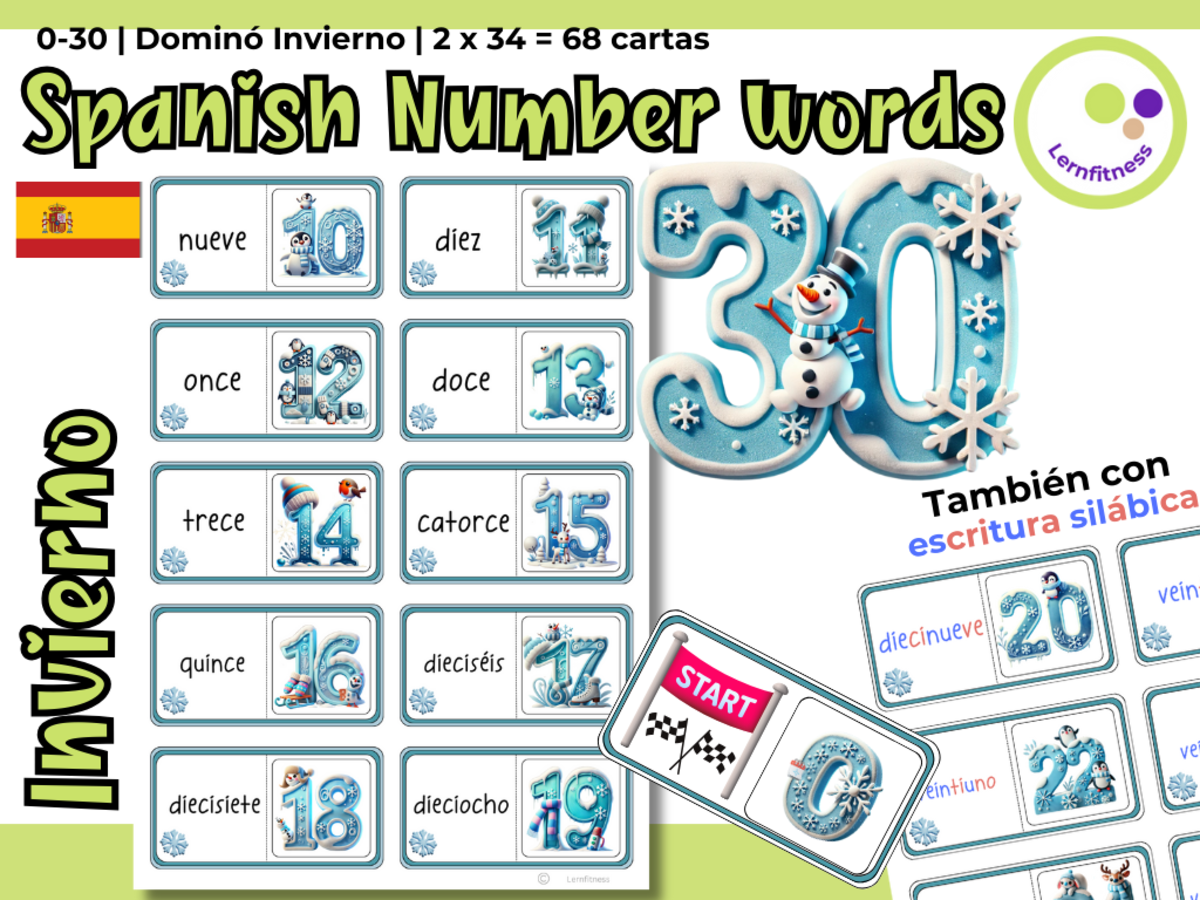 An educational teaching resource from Lernfitness entitled Spanish: Winter-Themed Numbers Domino Game: Fun Learning Spanish downloadable at Teach Simple.