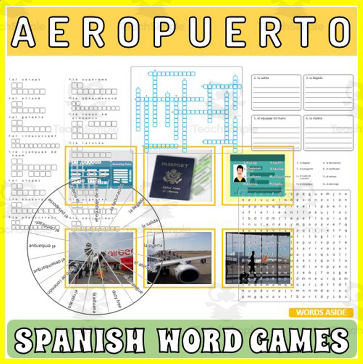 An educational teaching resource from WORDS ASIDE entitled Spanish Word Games | Crossword Wordsearch Anagram | AIRPORT downloadable at Teach Simple.
