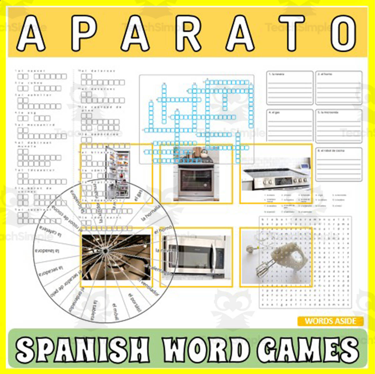 An educational teaching resource from WORDS ASIDE entitled Spanish Word Games | Crossword Wordsearch Anagram | APPLIANCES downloadable at Teach Simple.