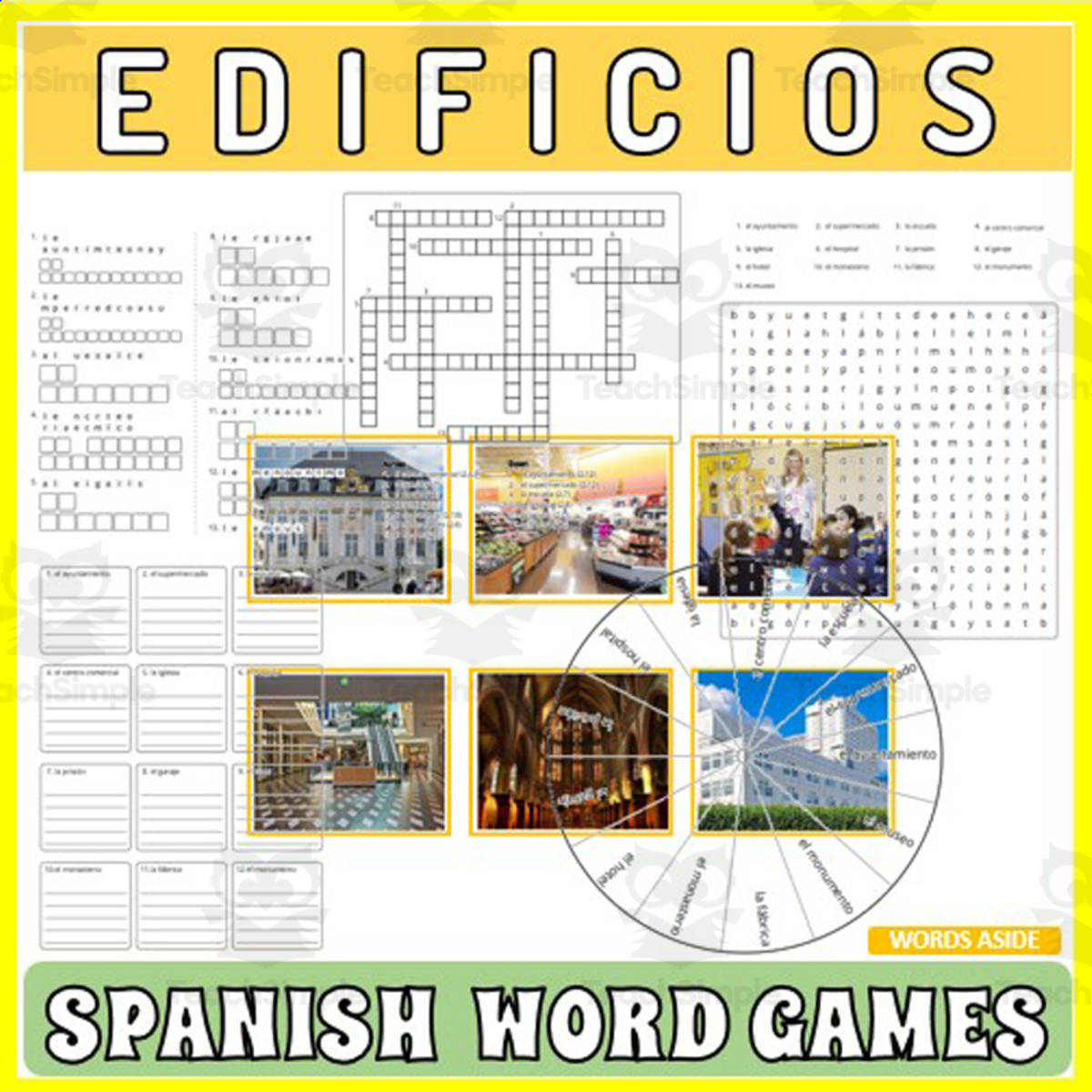 An educational teaching resource from WORDS ASIDE entitled Spanish Word Games | Crossword Wordsearch Anagram | BUILDINGS downloadable at Teach Simple.