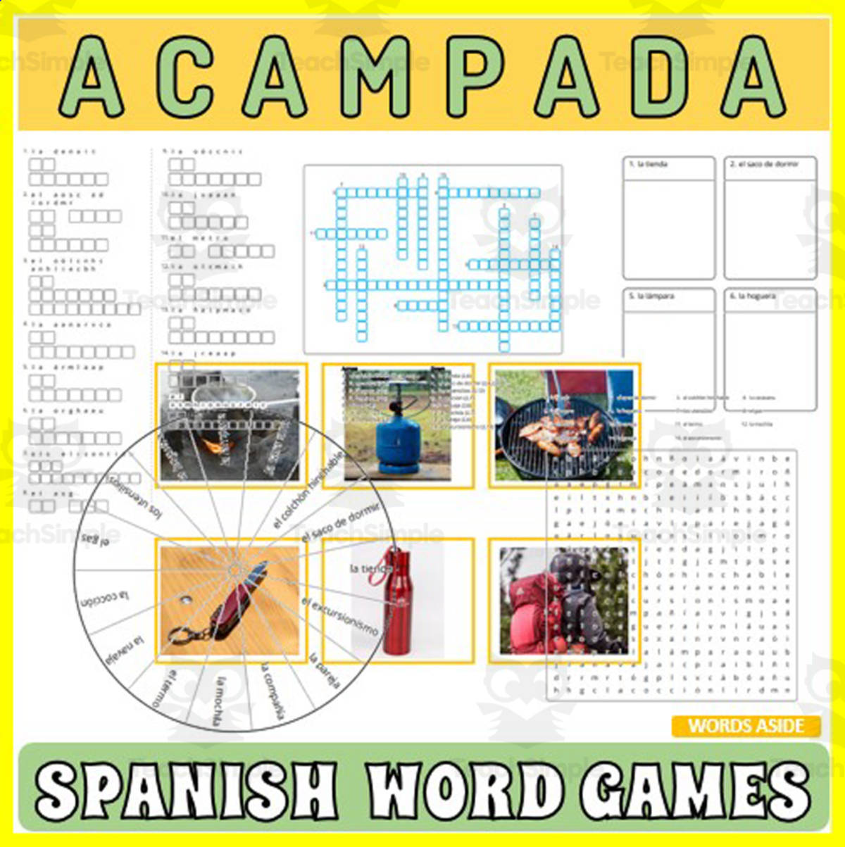 An educational teaching resource from WORDS ASIDE entitled Spanish Word Games | Crossword Wordsearch Anagram | CAMPING downloadable at Teach Simple.