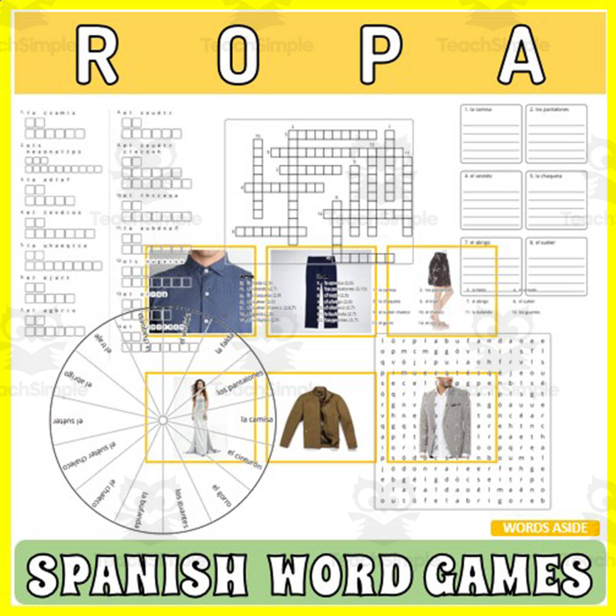 An educational teaching resource from WORDS ASIDE entitled Spanish Word Games | Crossword Wordsearch Anagram | CLOTHES downloadable at Teach Simple.