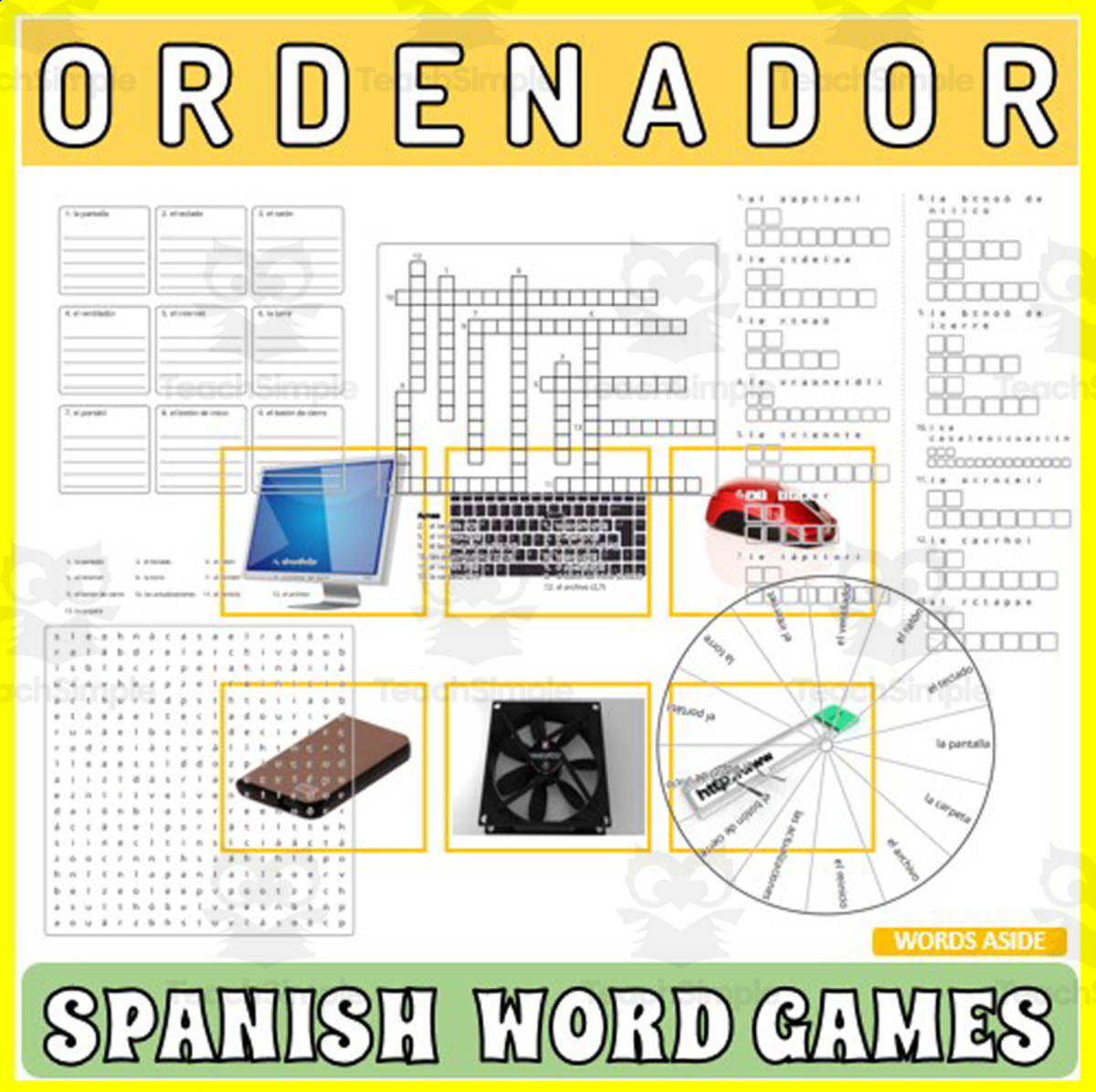 An educational teaching resource from WORDS ASIDE entitled Spanish Word Games | Crossword Wordsearch Anagram | COMPUTER downloadable at Teach Simple.