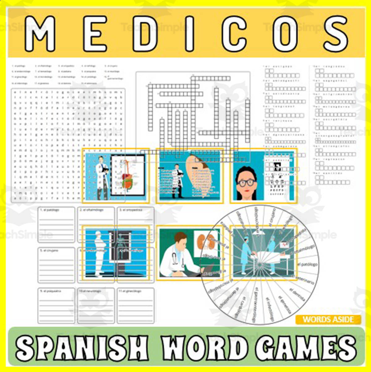 An educational teaching resource from WORDS ASIDE entitled Spanish Word Games | Crossword Wordsearch Anagram | DOCTORS downloadable at Teach Simple.