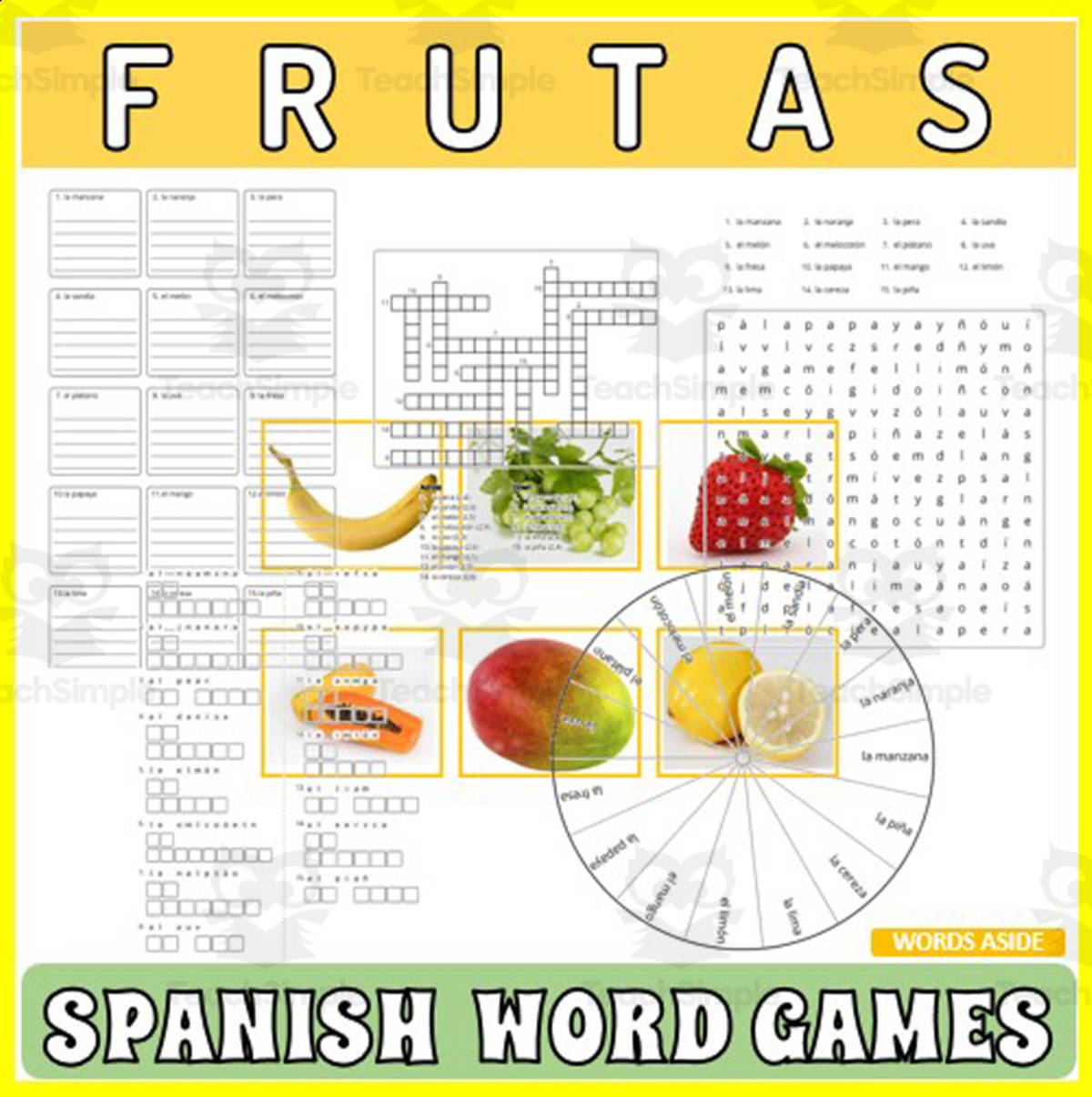 An educational teaching resource from WORDS ASIDE entitled Spanish Word Games | Crossword Wordsearch Anagram | FRUITS downloadable at Teach Simple.
