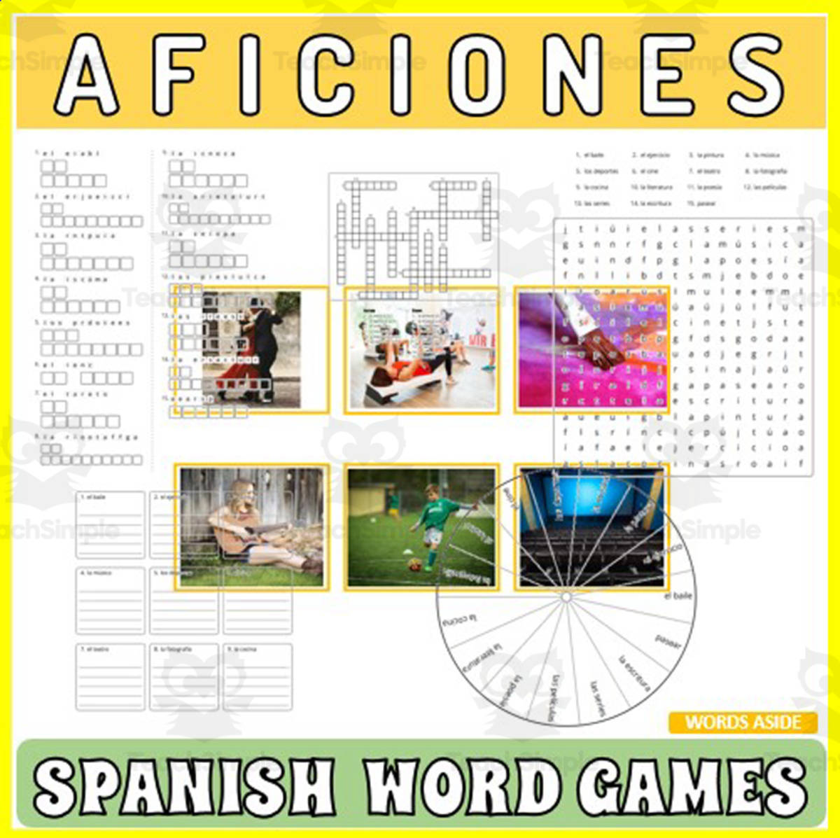 An educational teaching resource from WORDS ASIDE entitled Spanish Word Games | Crossword Wordsearch Anagram | HOBBIES downloadable at Teach Simple.