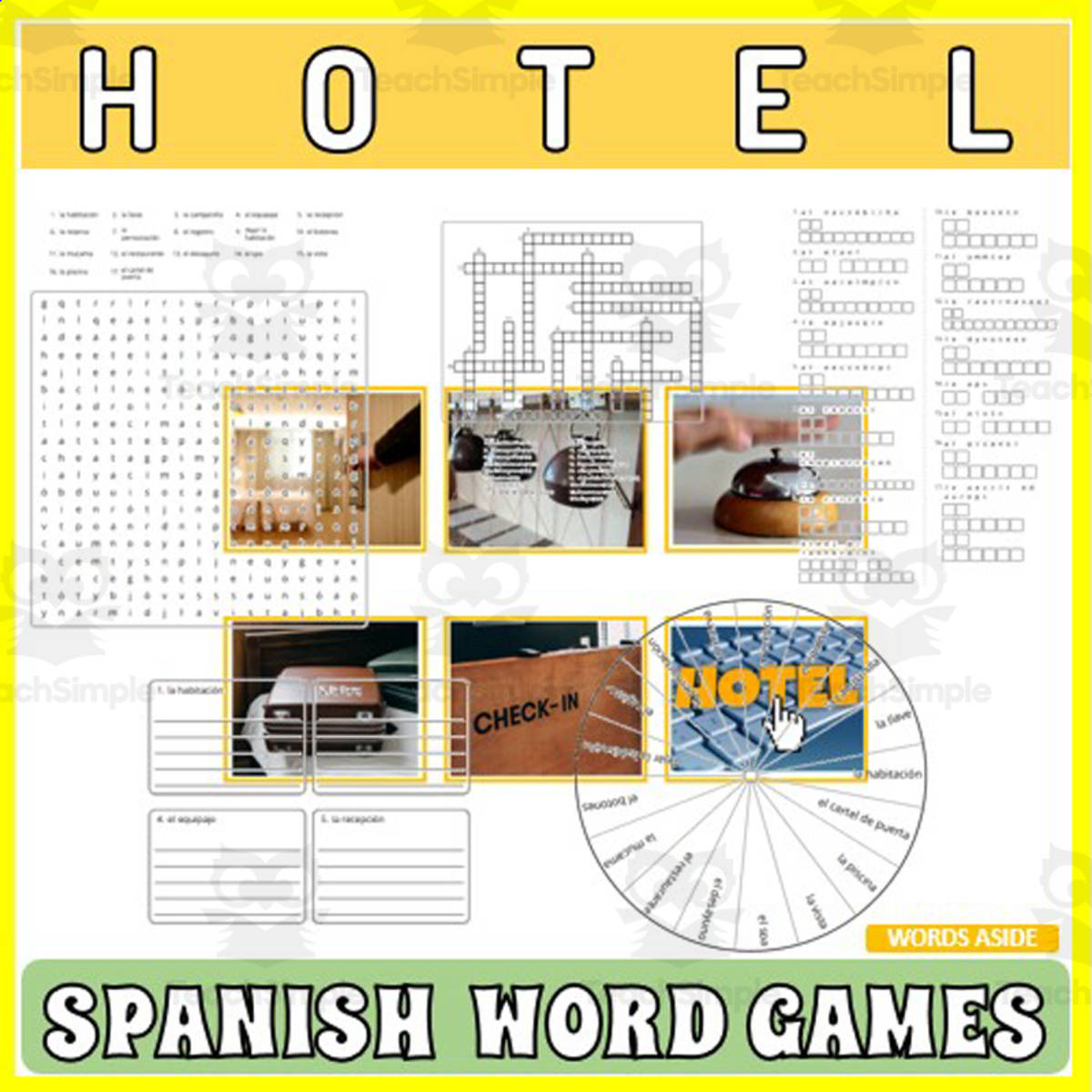 An educational teaching resource from WORDS ASIDE entitled Spanish Word Games | Crossword Wordsearch Anagram | HOTEL downloadable at Teach Simple.