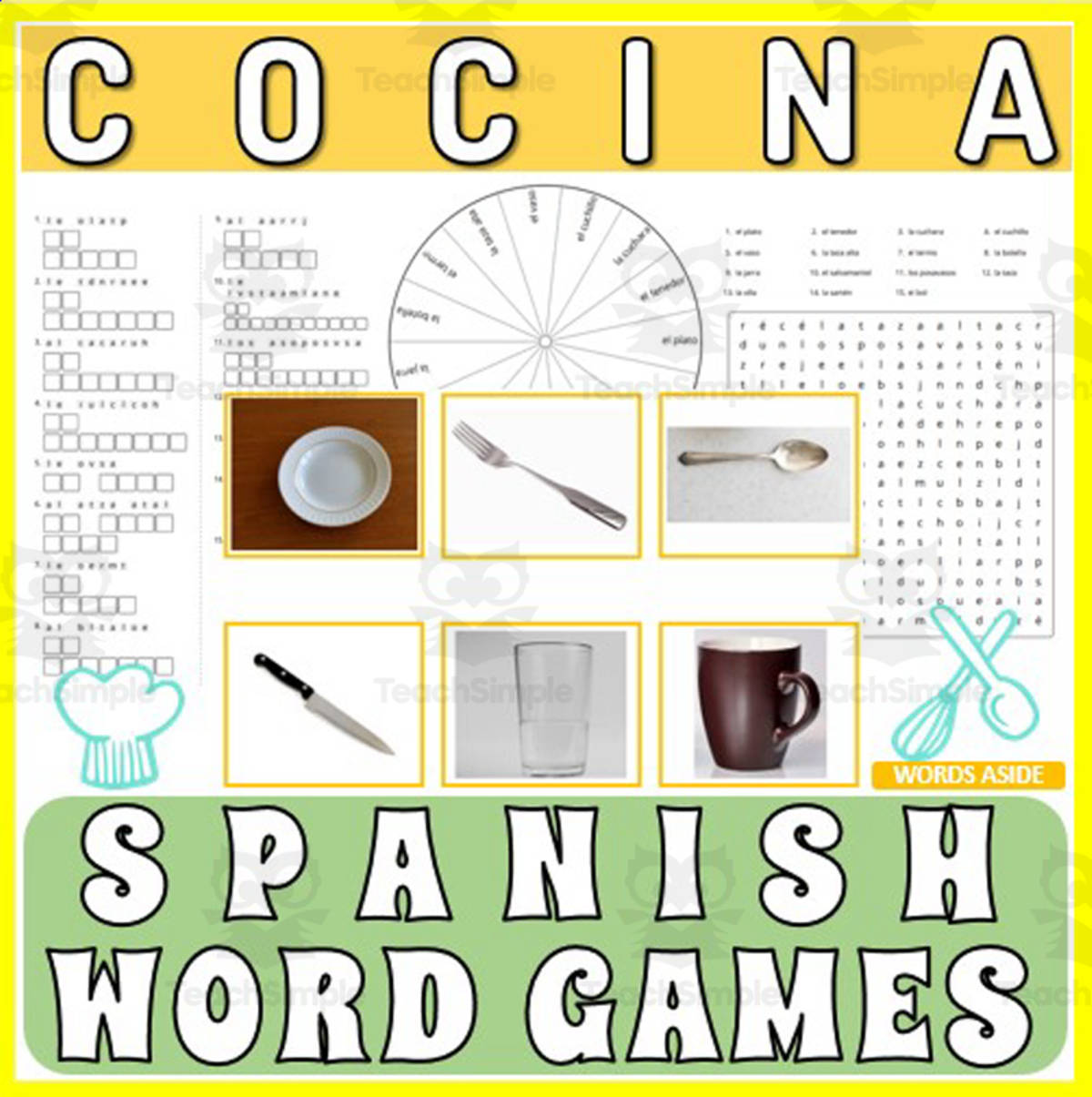 An educational teaching resource from WORDS ASIDE entitled Spanish Word Games | Crossword Wordsearch Anagram | KITCHEN downloadable at Teach Simple.